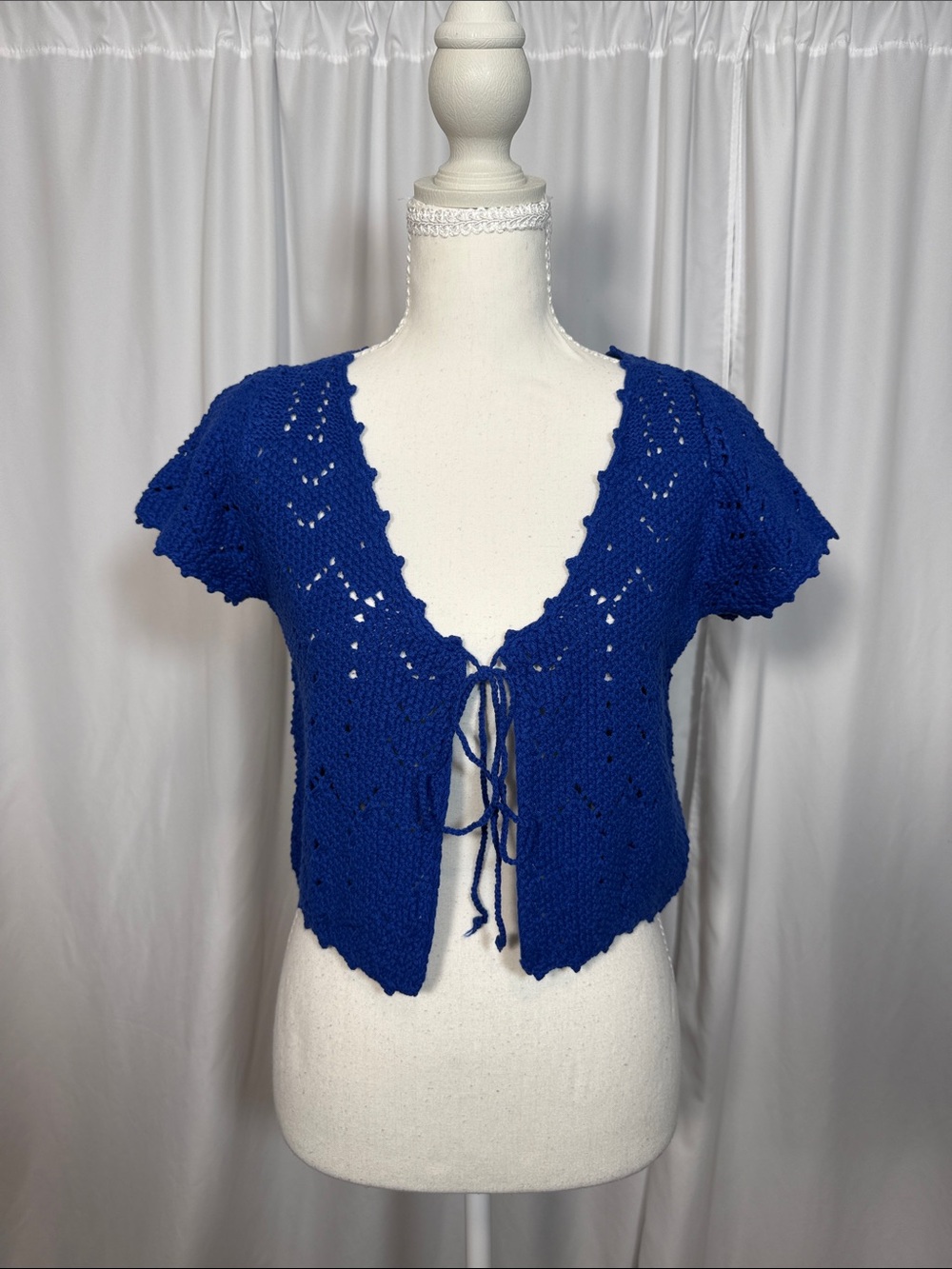 Double Zero Royal Blue Crochet Tie-Front Short Sleeve Cardigan